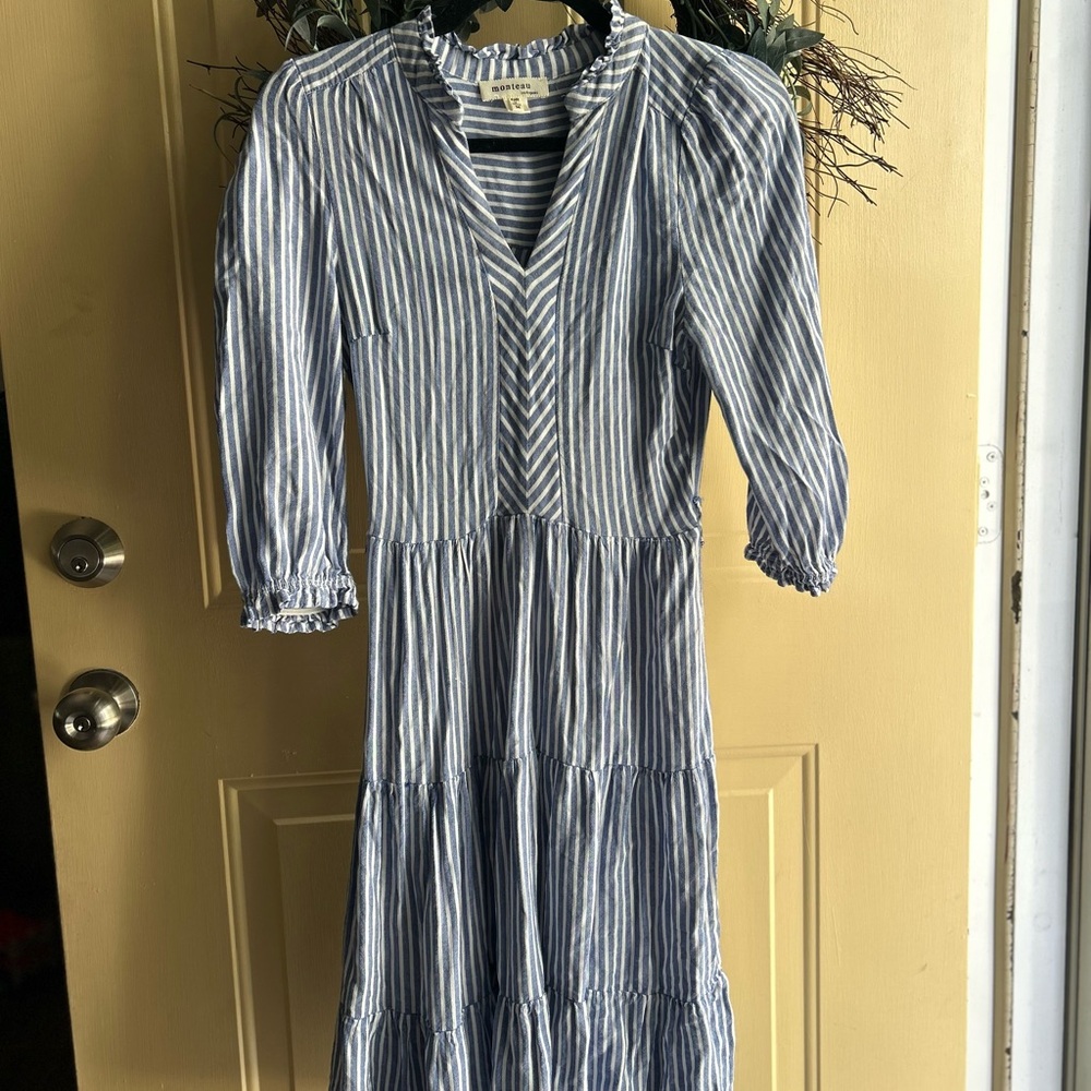 Monteau Blue and White Pleated Sundress with Puff Sleeves